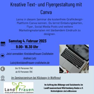 Kreative Text und Flyergestaltung mit Canva in Zusammenarbeit mit Klickeasy am 04. Februar 2023 von 9.00 -16.30 Uhr