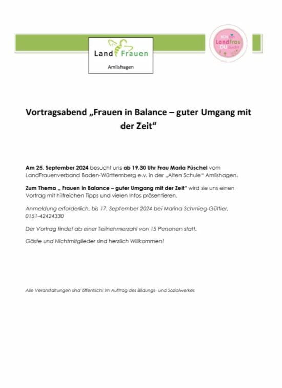 Vortrag: Frauen in Balance-guter Umgang mit der Zeit am 25. September 2024 um 19.30 Uhr